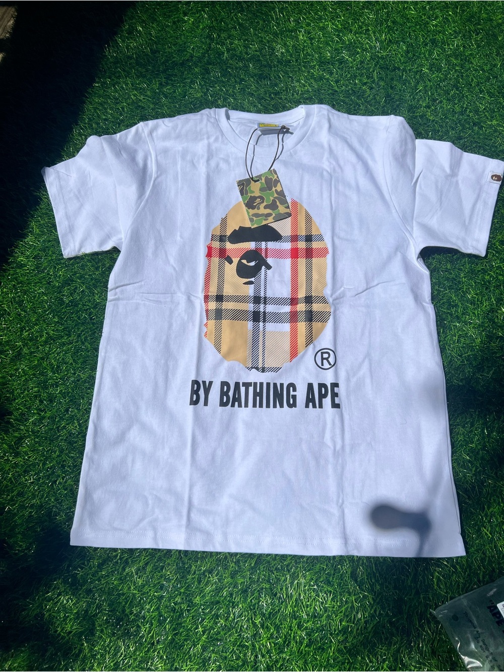 Bape White Tee with Red & Cream Ape Head Graphic